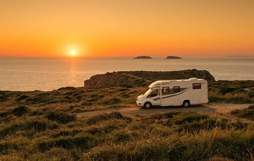 Autocaravana con atardecer